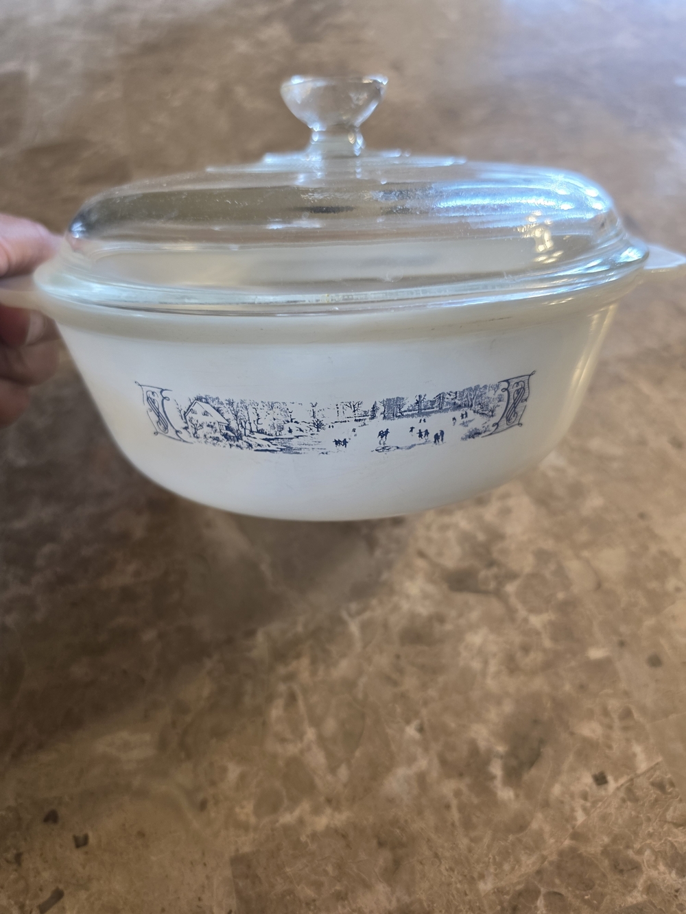 White and Blue Covered Casserole Dish with Scenic Transfer